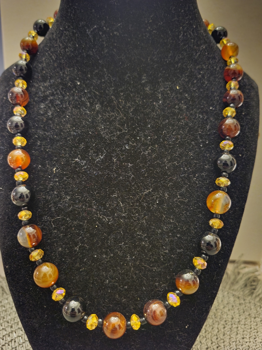 Handmade Agate & Beige Crystal Beaded Necklace